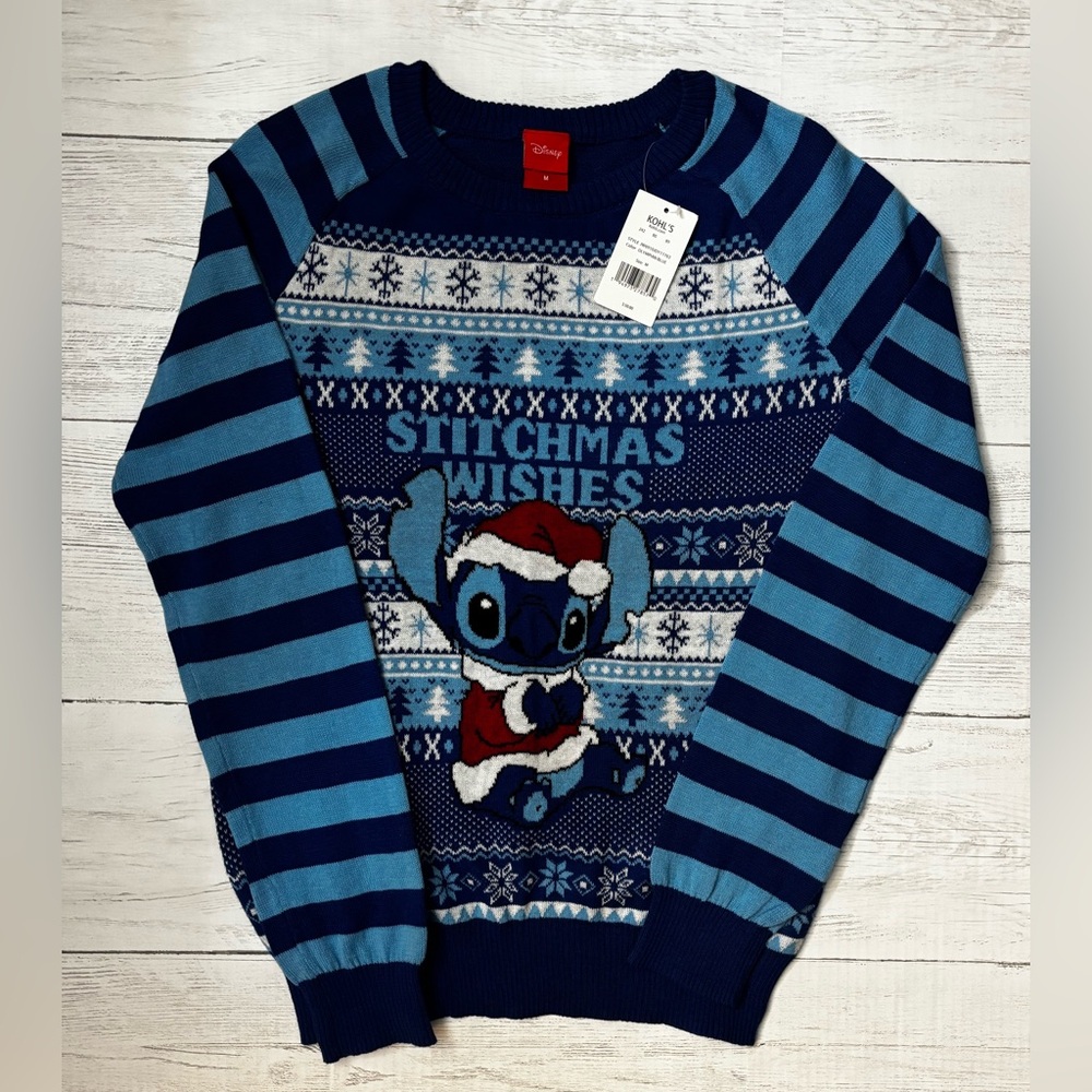 NWT Disney Stitch Christmas Sweater "Stitchmas Wishes" Blue Knit Holiday Size M